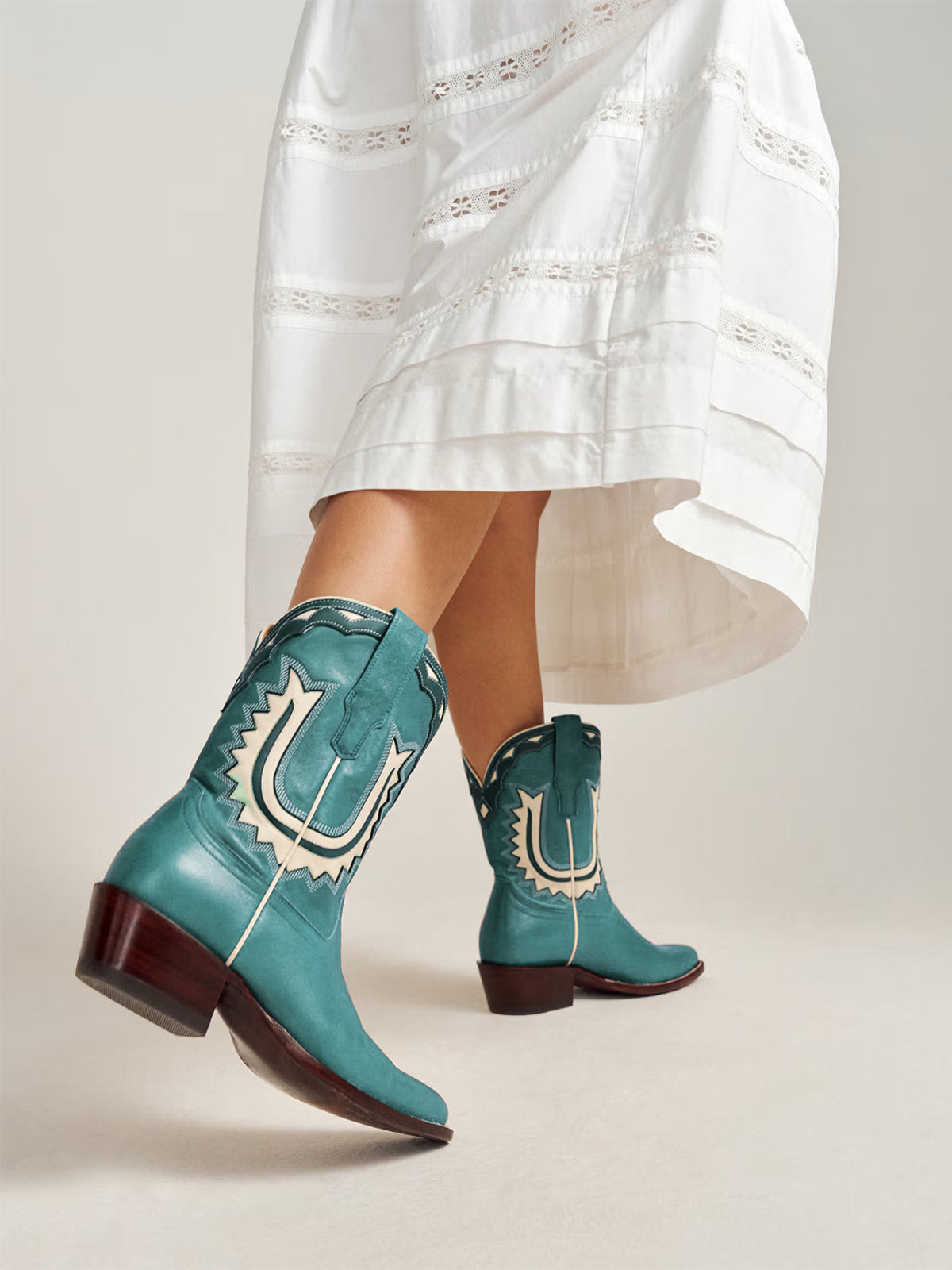 Turquoise Almond-Toe Horseshoe Inlay Cowgirl Ankle Boots