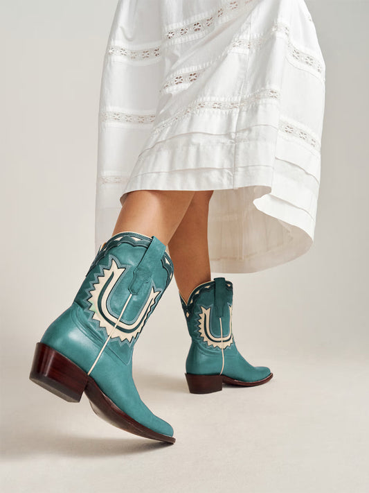 Turquoise Almond-Toe Horseshoe Inlay Cowgirl Ankle Boots