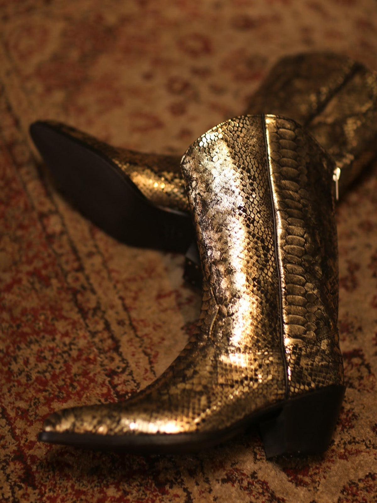 Metallic Snakeskin Print Round-Toe Back Full-Zip Simple Cowgirl Boots