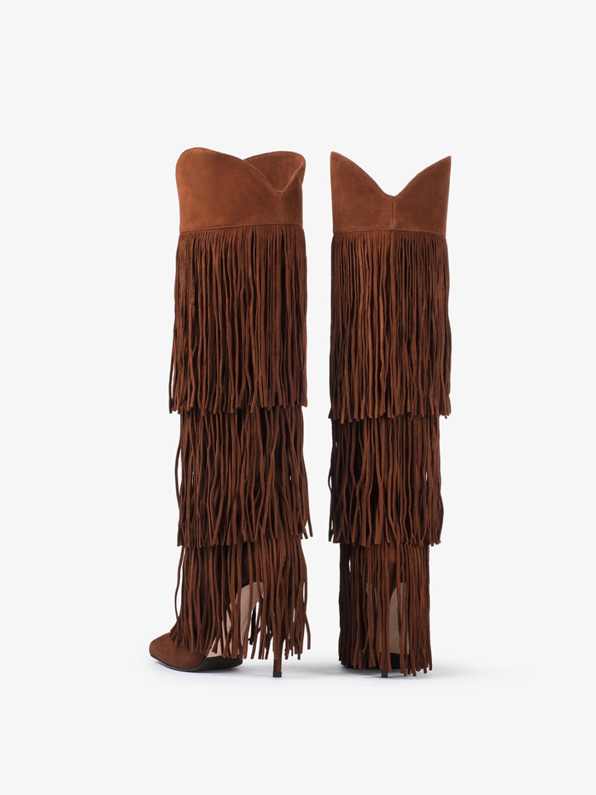 Brown Faux Suede Pointed-Toe Fringe Tall Knee High Wide Calf Stiletto Boots