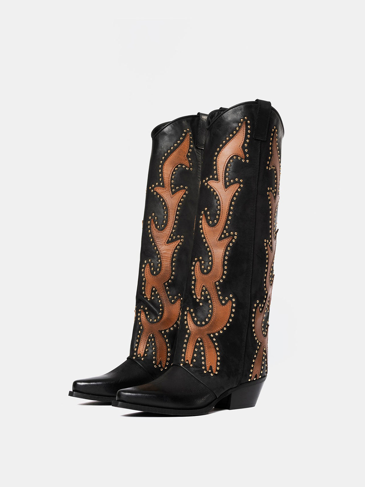 Black Snip-Toe Inlays Studs Wide Calf Knee High Cowgirl Boots