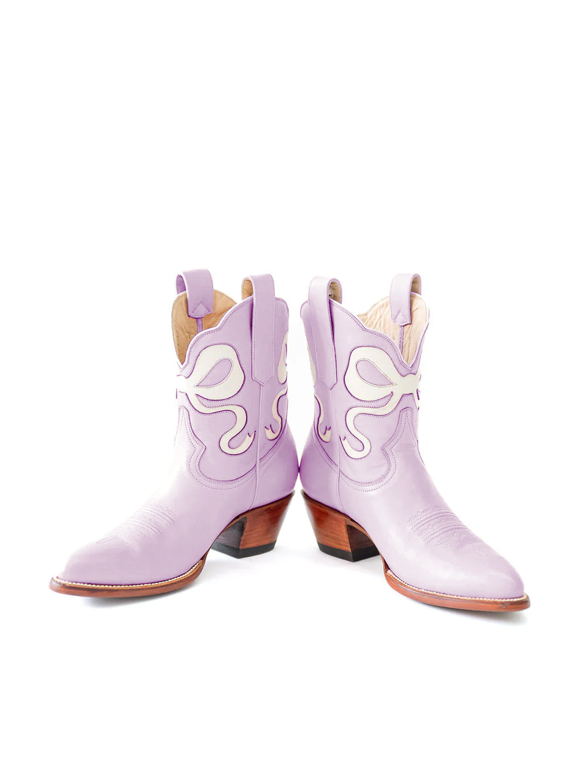 Purple Almond-Toe Ankle Western Boots With White Bowknot Inlay