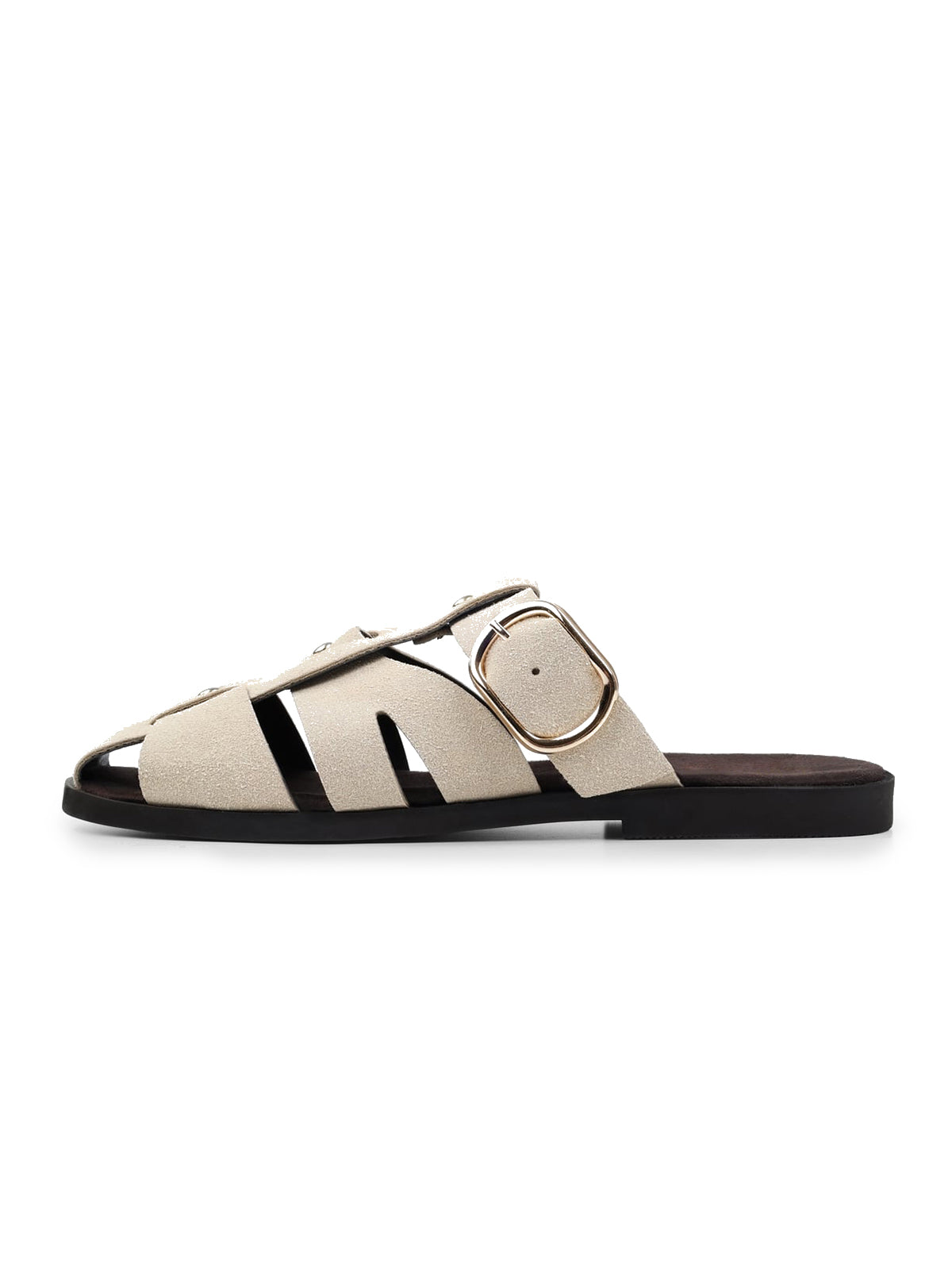 Bone Cow Suede Round-Toe Caged Detail And Studs Backless Flats