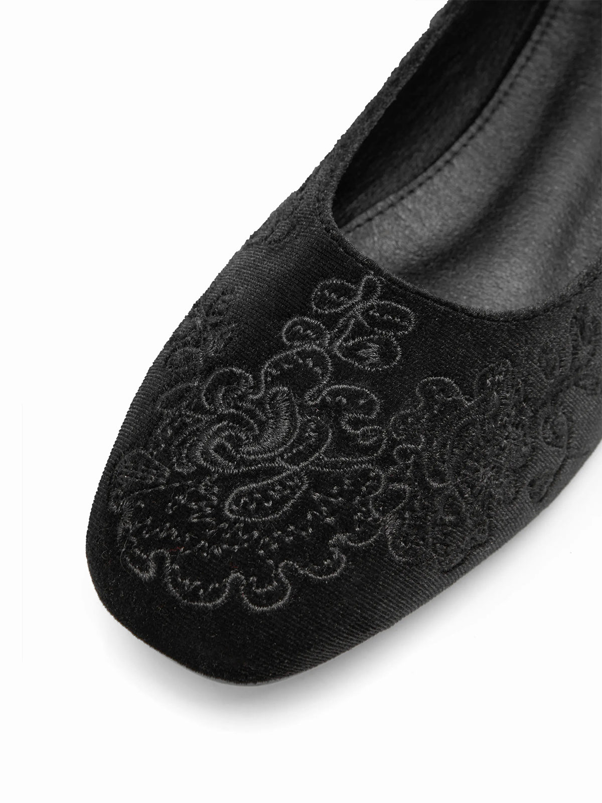 Black Velvet Square-Toe Leaves Embroidery Chic Mary Jane Ballet Flats