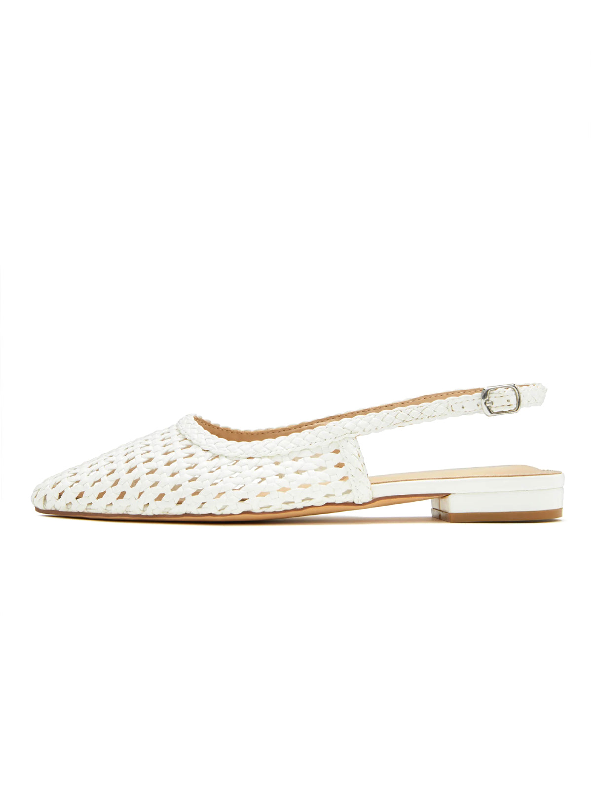 White Woven Vegan Leather Pointed-Toe Classic Back Strap Flats