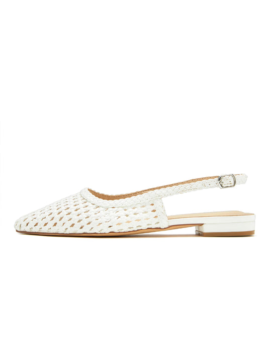 White Woven Vegan Leather Pointed-Toe Classic Back Strap Flats