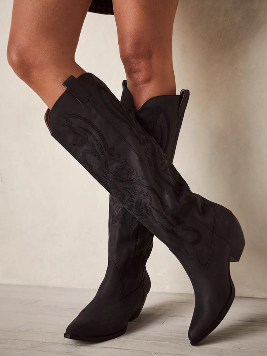 Black Embroidery Pointed-Toe Tall Wide Calf Knee High Cowgirl Boots For Women