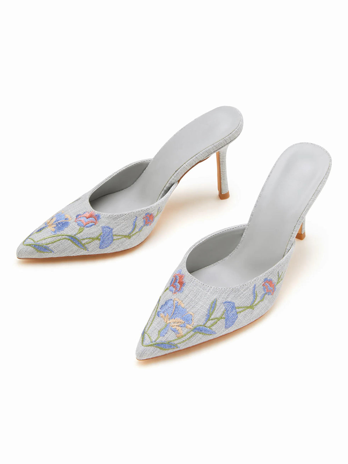 Blue Woven Canvas Pointed-Toe Flower Embroidery Slip-On High Heels