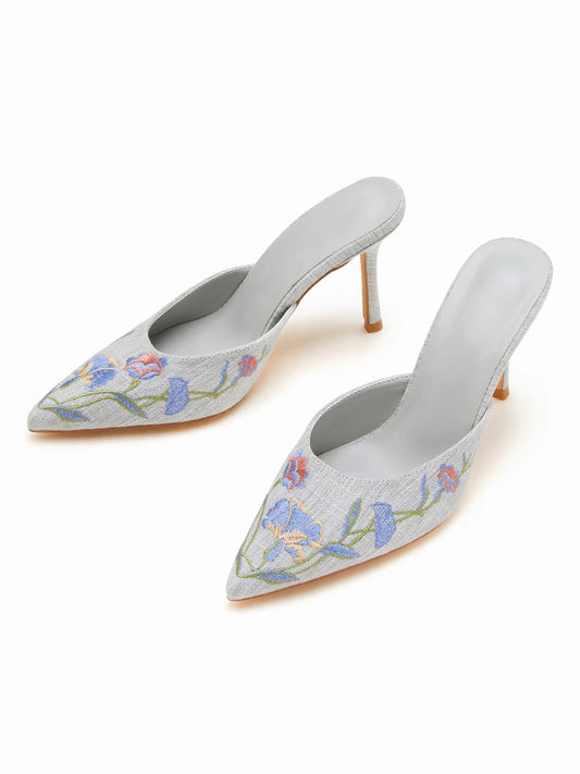 Blue Woven Canvas Pointed-Toe Flower Embroidery Slip-On High Heels