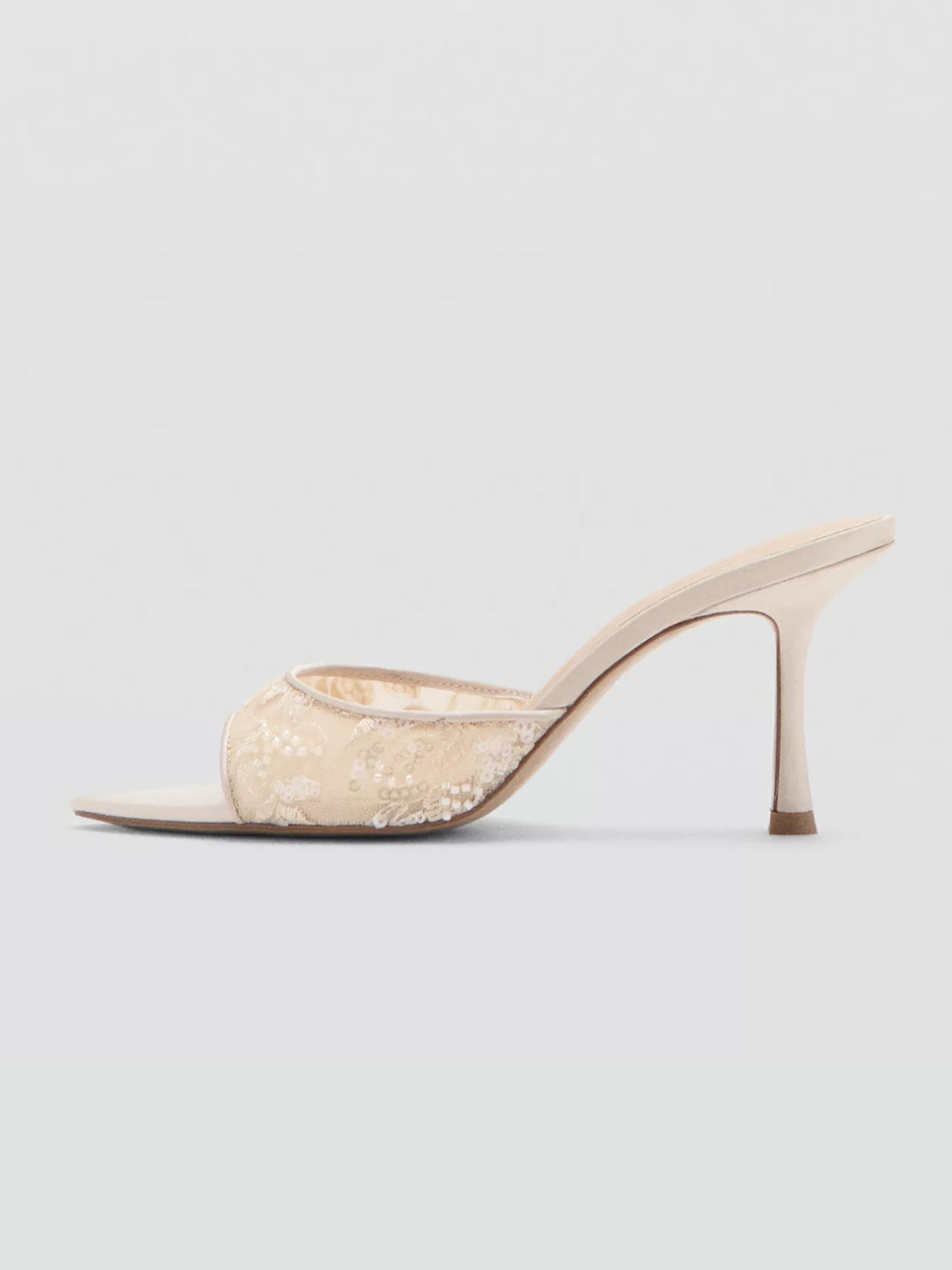 Nude Sequins Lace Mesh And Vegan Leather Pointed-Toe Backless Slip-On High Heels