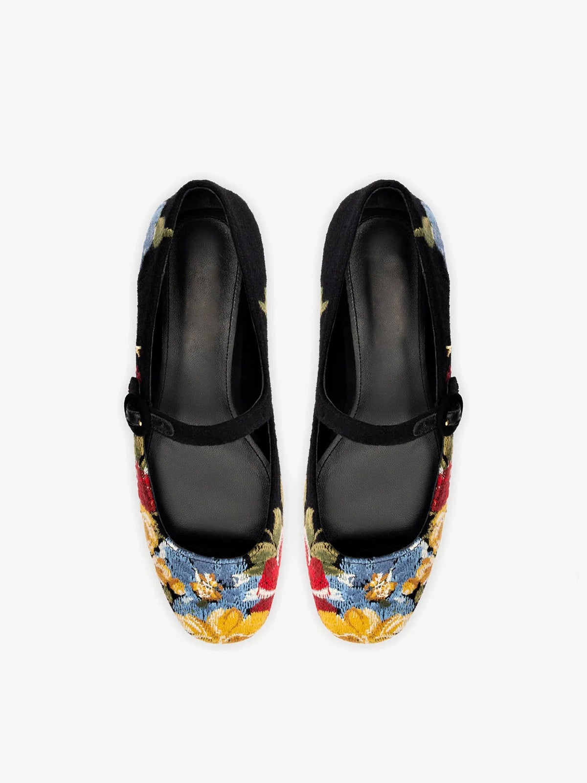 Black Faux Suede Round-Toe Colorful Floral Embroidery Bridge Strap Flats