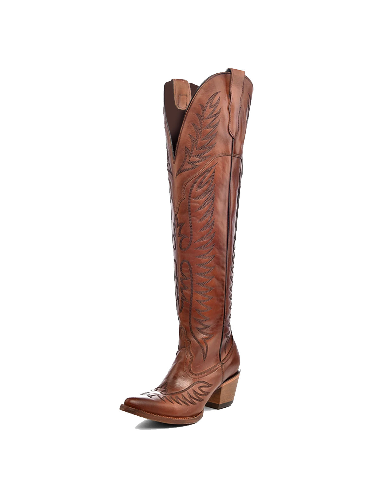 Almond-Toe Classic Embroidery Half-Zip Over-The-Knee Cowgirl Boots - Cognac