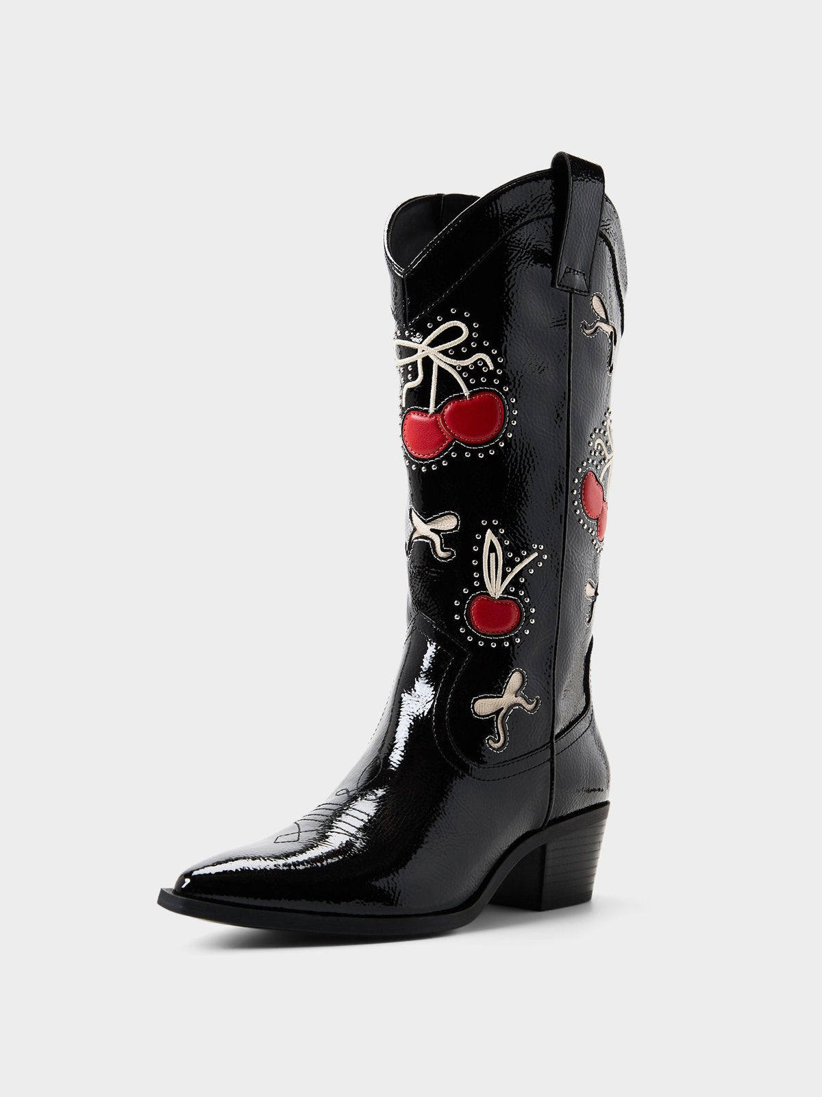 Patent Black Pointed-Toe Cherry And Bow Inlay And Studs Mid Calf Cowgirl Boots