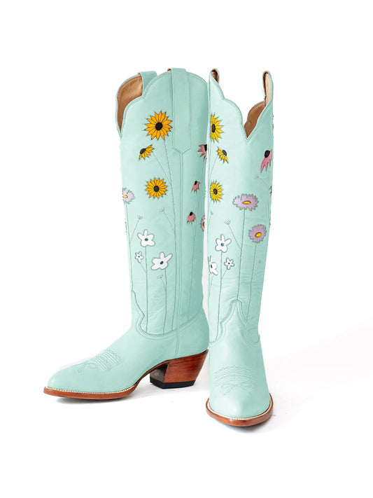 Light Blue Almond-Toe Colorful Flowers Inlay Wide Calf Knee High Cowgirl Boots