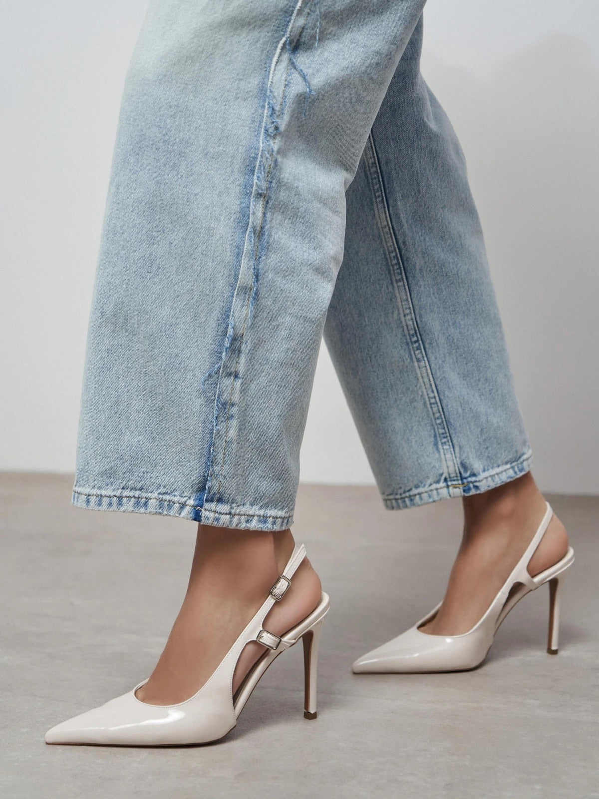 Patent Leather Pointed-Toe Buckle Back Strap Chic High Heels - Ivory