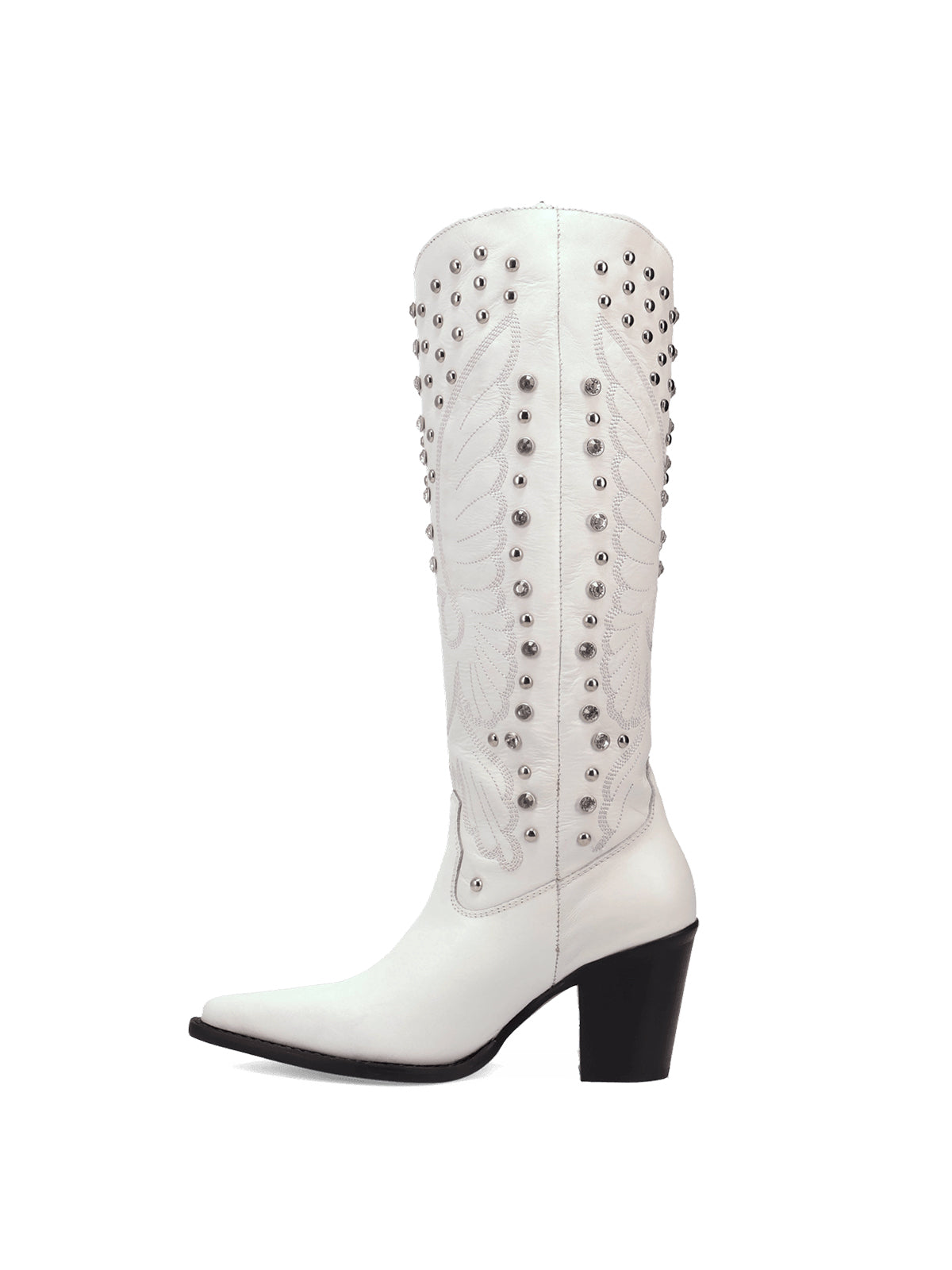 White Snip-Toe Big Bird Embroidery And Studs Wide Calf Knee High Cowgirl Boots