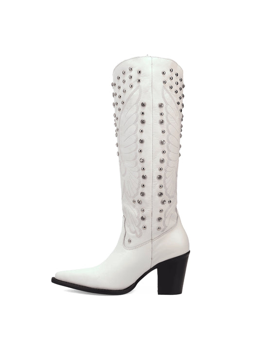White Snip-Toe Big Bird Embroidery And Studs Wide Calf Knee High Cowgirl Boots