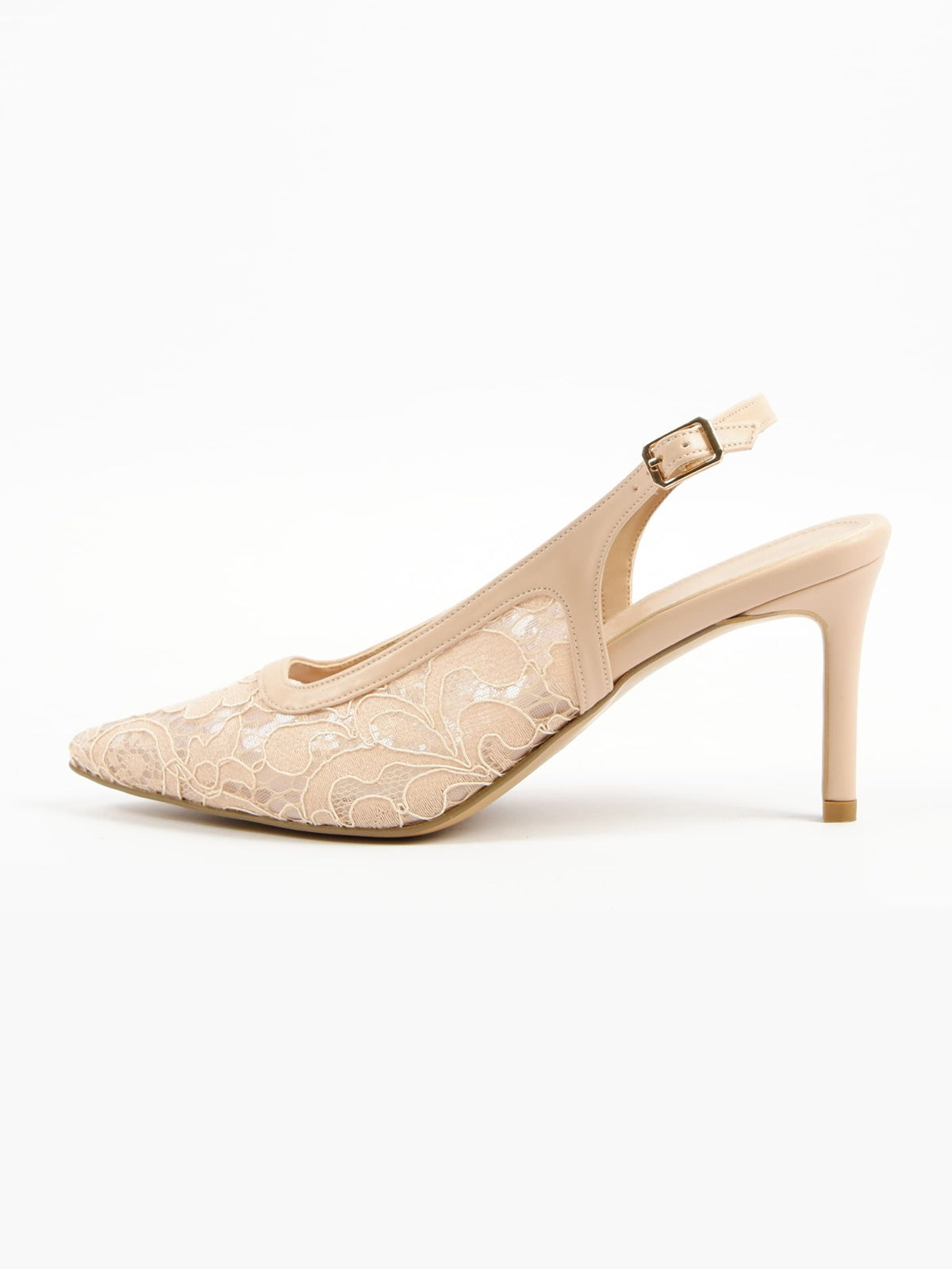 Nude Lace Mesh Pointed-Toe Classic Back Strap Chic Kitten Heels