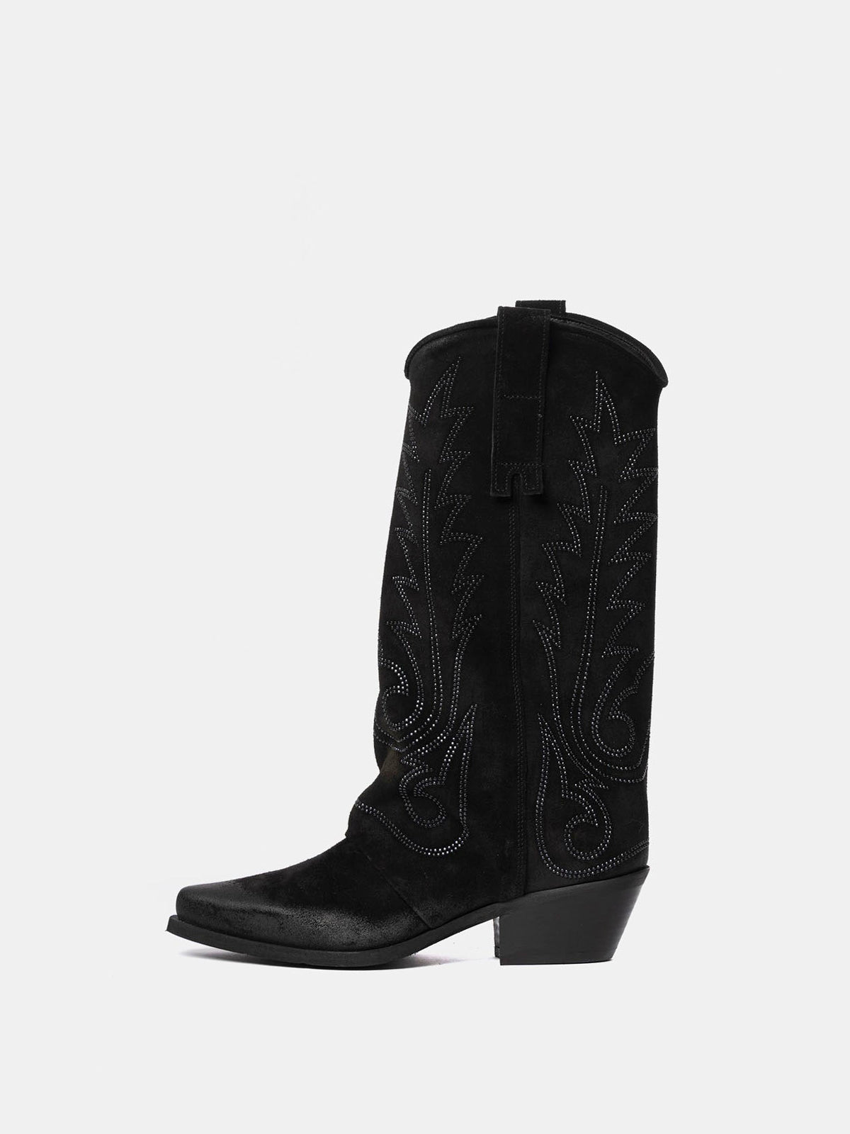 Black Snip-Toe Faux Suede Embroidery Classic Mid Calf Cowgirl Boots