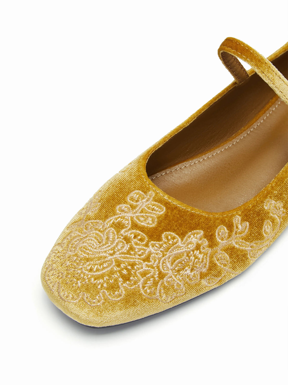 Ginger Yellow Velvet Square-Toe Leaves Embroidery Chic Mary Jane Ballet Flats