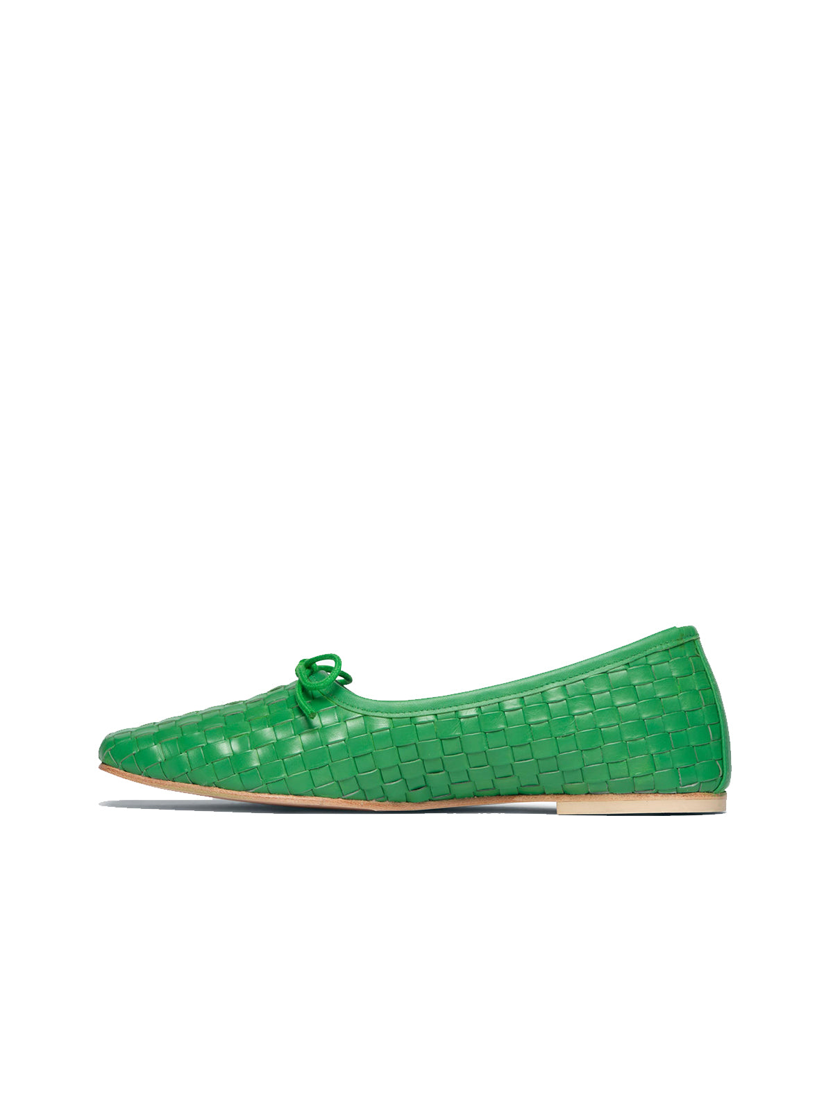 Vegan Leather Woven Square-Toe Bow Ballet Flats - Green