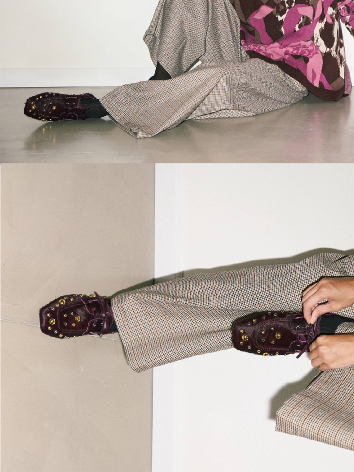 Burgundy Pony Hair Vegan Leather Square-Toe Studs And Bow Flats
