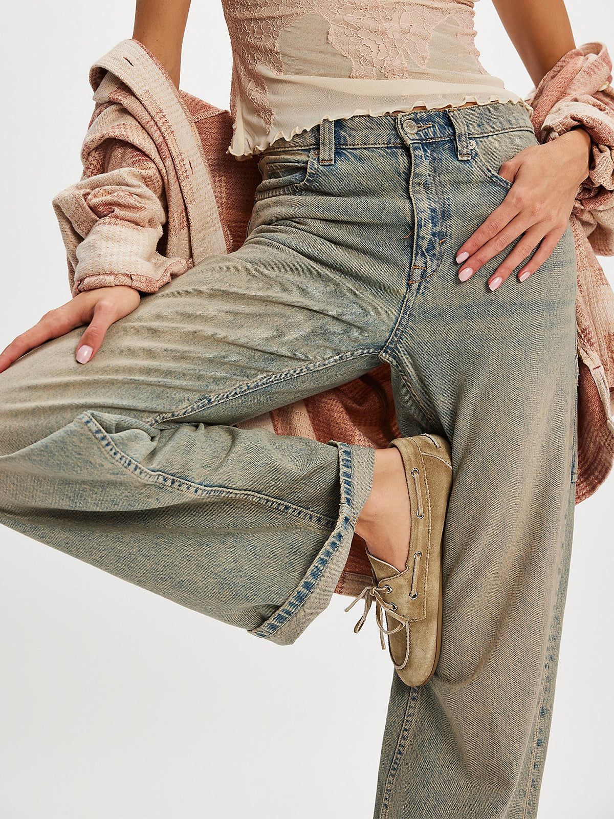 Olive Green Faux Suede Round-Toe Lace-Up Boat Shoes Flats