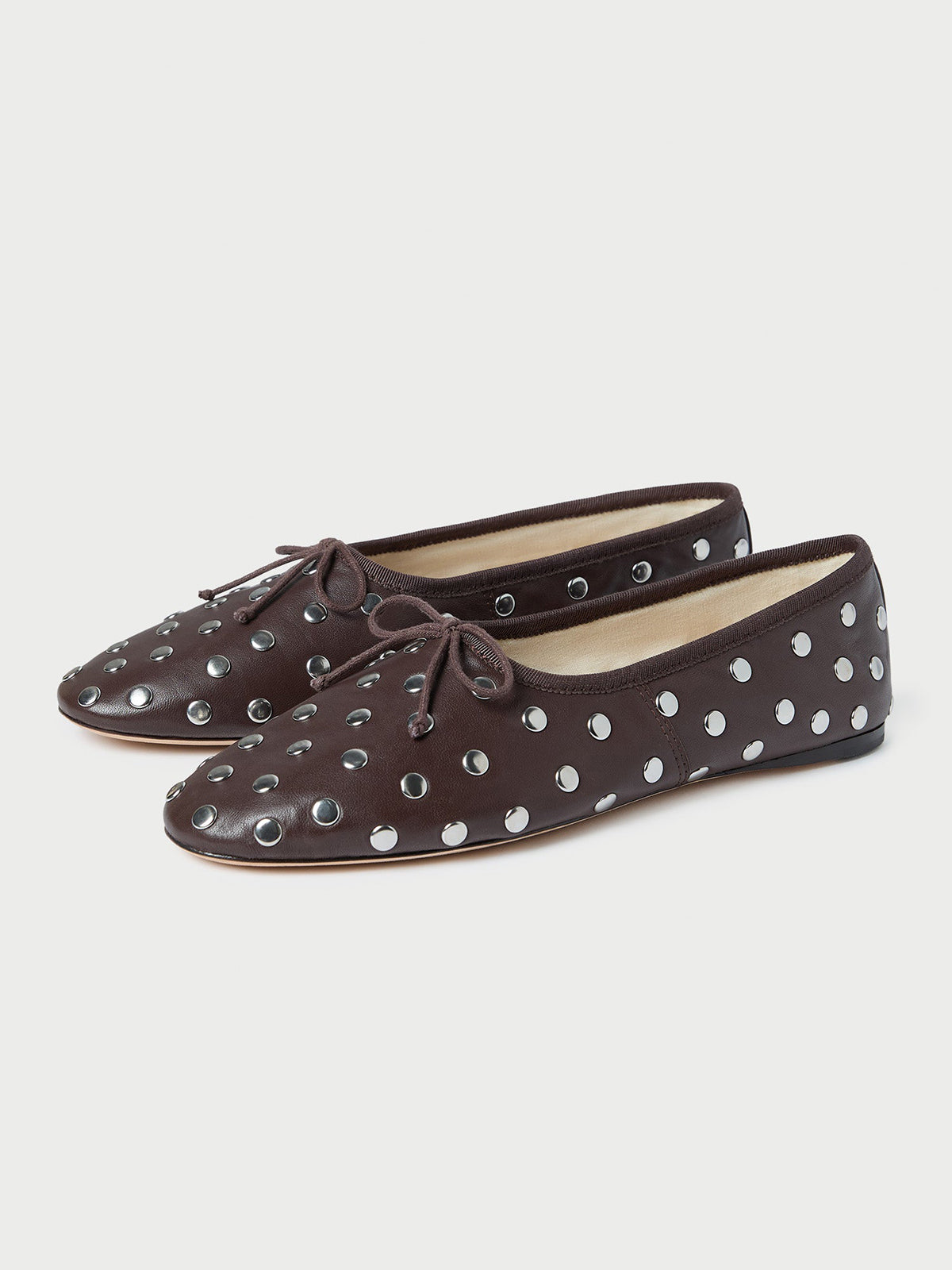 Dark Brown Round-Toe Front Bow Ballet Flats With Studs