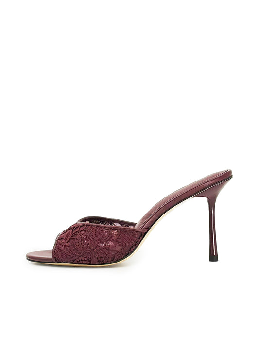 Burgundy Lace Mesh Round-Toe Slip-On High Heels