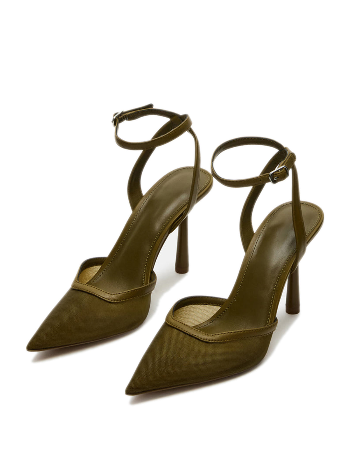 Mesh Pointed-Toe Ankle Strap Pumps High Heels - Brown