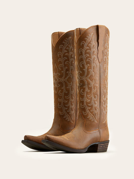 Brown Snip-Toe Embroidery Tall Wide Calf Knee High Cowgirl Boots