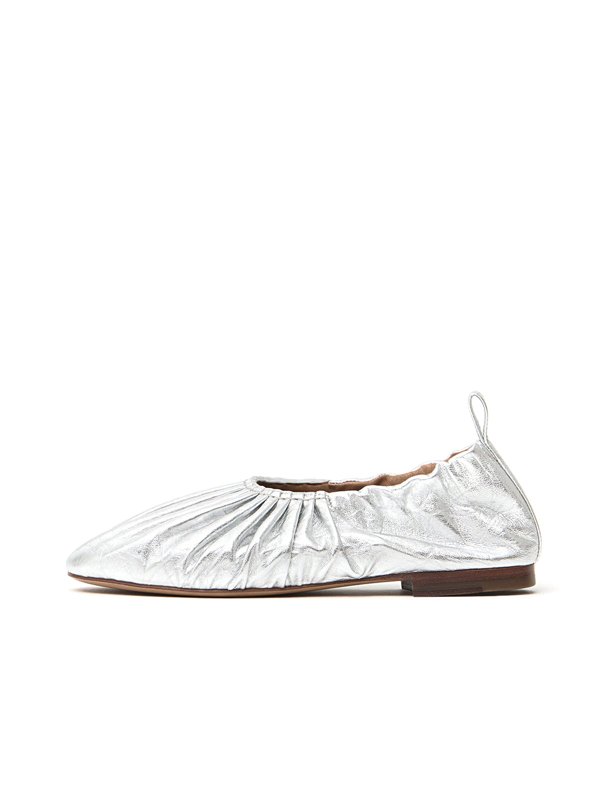 Metallic Silver Round-Toe Ruched Classic Ballet Flats