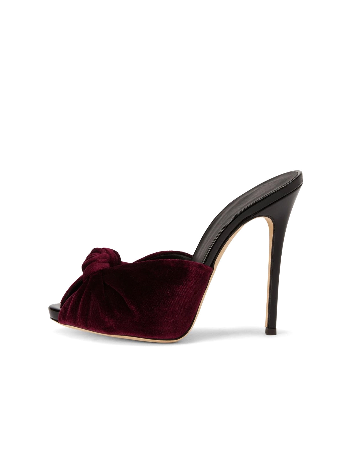 Burgundy Velvet Peep Round-Toe Backless Slip-On High Heels