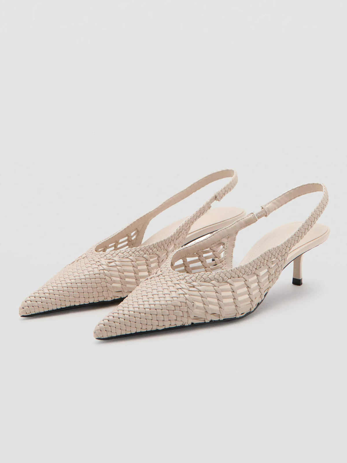 Ecru Woven Vegan Leather Pointed-Toe Classic Back Strap Kitten Heels
