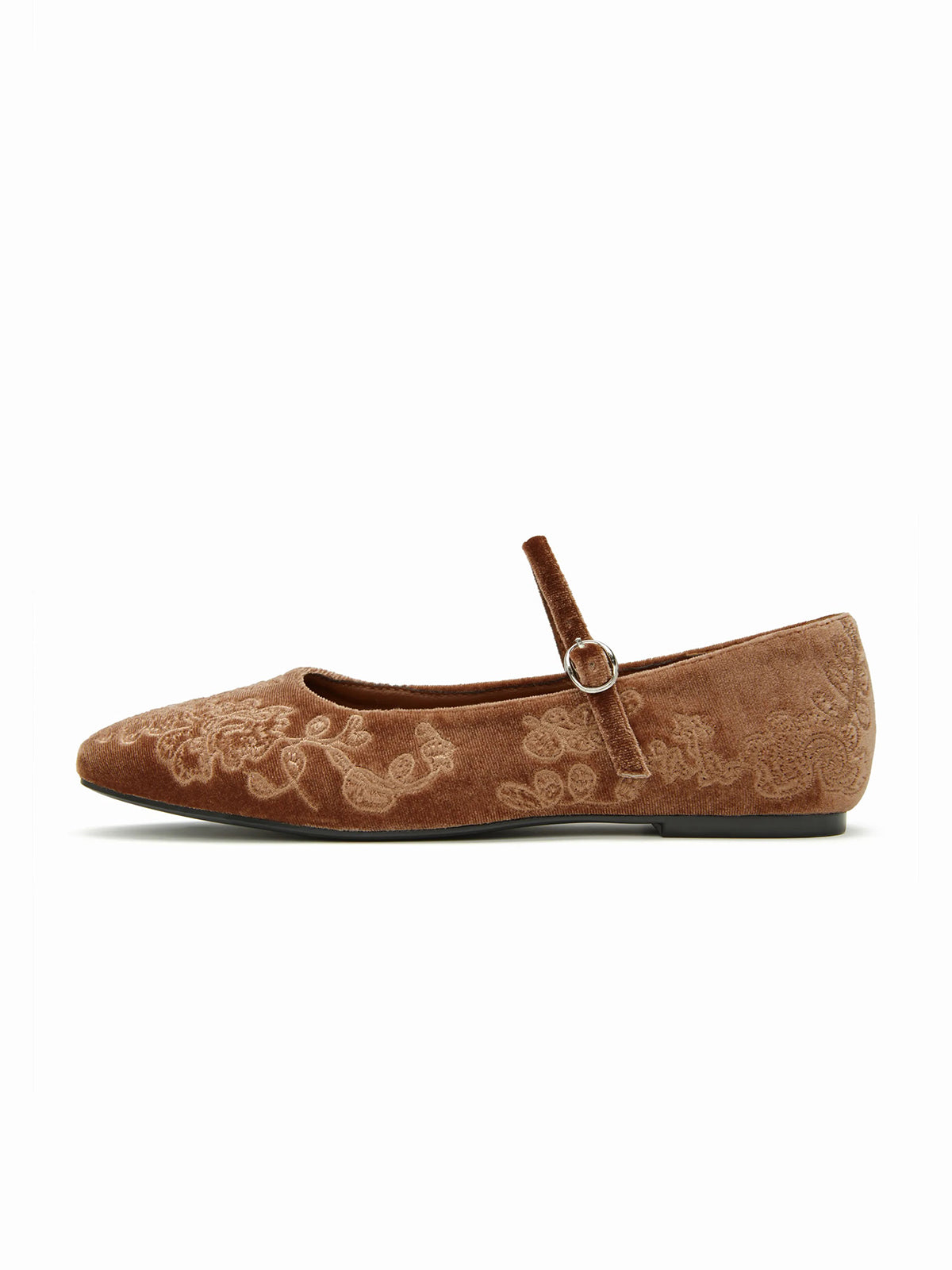 Brown Velvet Square-Toe Chic Mary Jane Ballet Flats