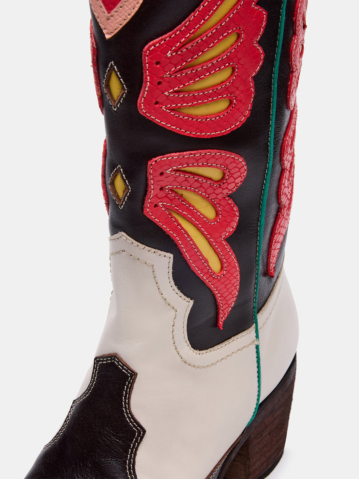 Contrast Tri-Color Crocodile Print Pointed-Toe Butterfly Inlay Mid Calf Cowgirl Boots