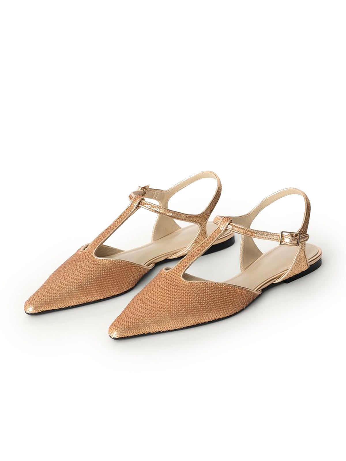 Metallic Gold Pointed-Toe Full Sequins And Ankle Strap Flats