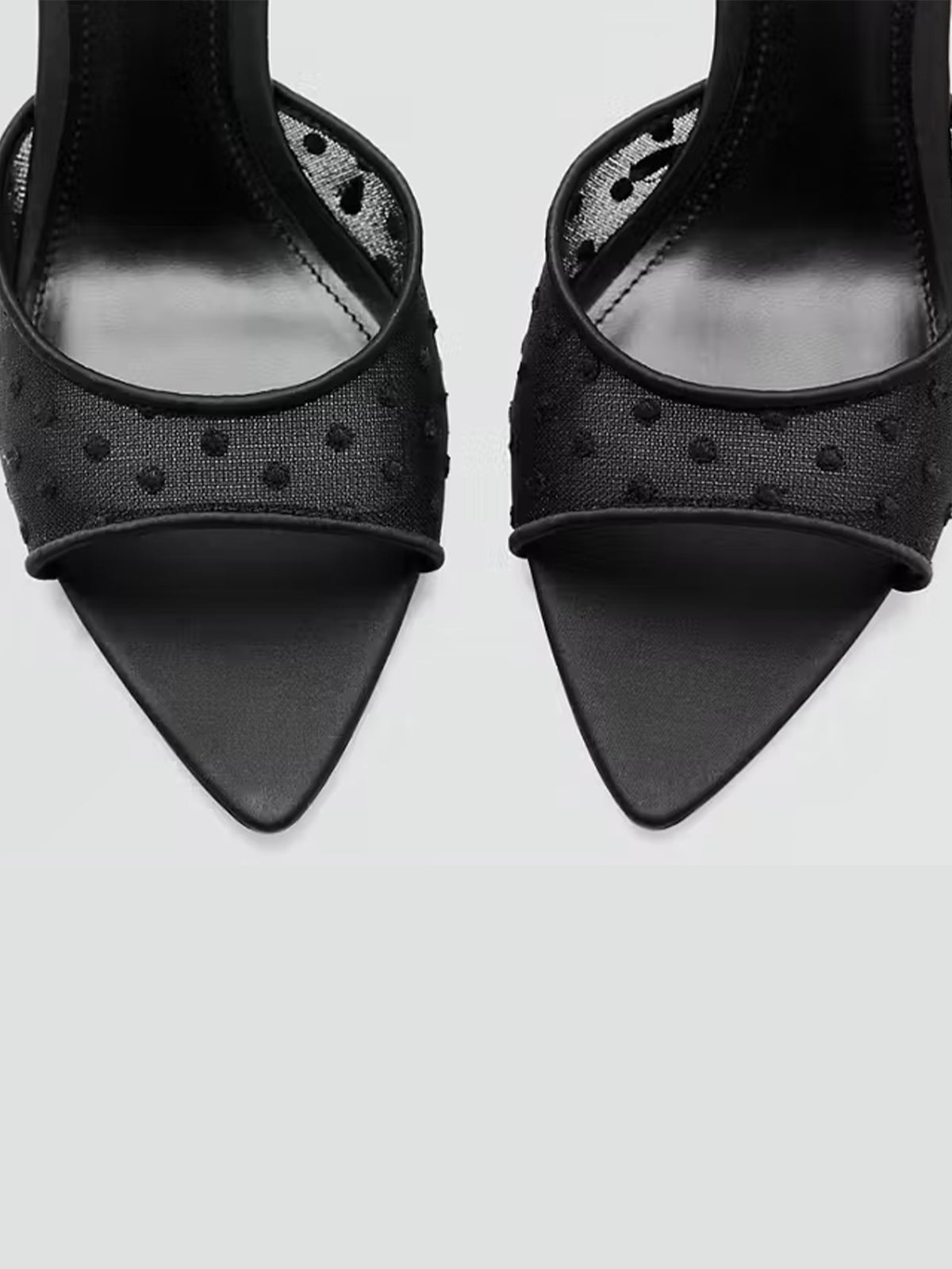 Black Mesh And Vegan Leather Pointed-Toe Backless Slip-On High Heels