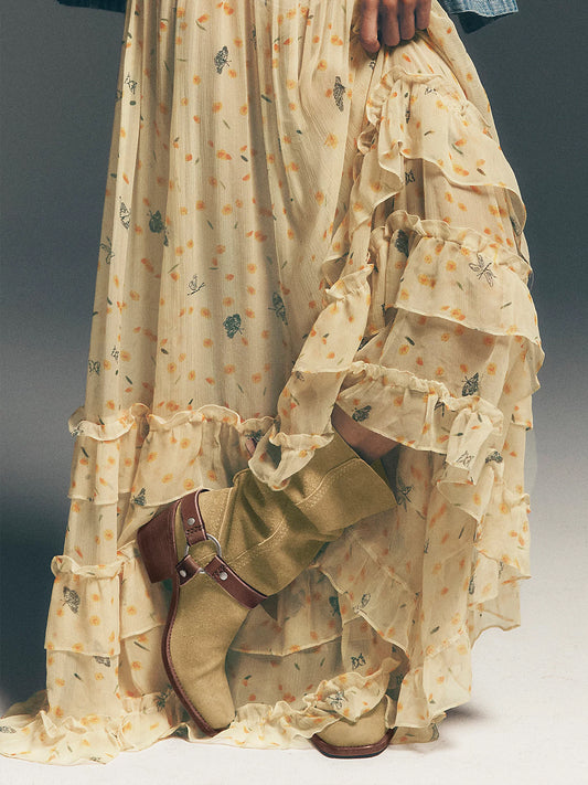 Beige Faux Suede Square-Toe Western Mid Calf Cowgirl Boots