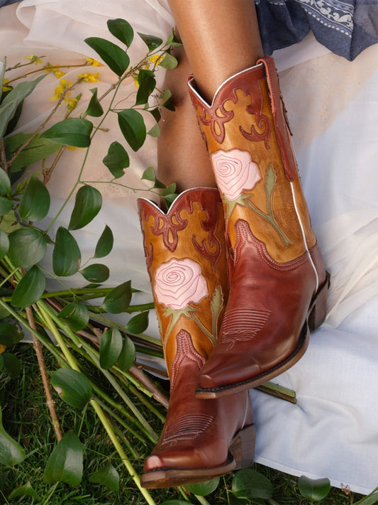 Contrast Brandy And Tan Snip-Toe Big Rose Inlay Mid Calf Cowgirl Boots