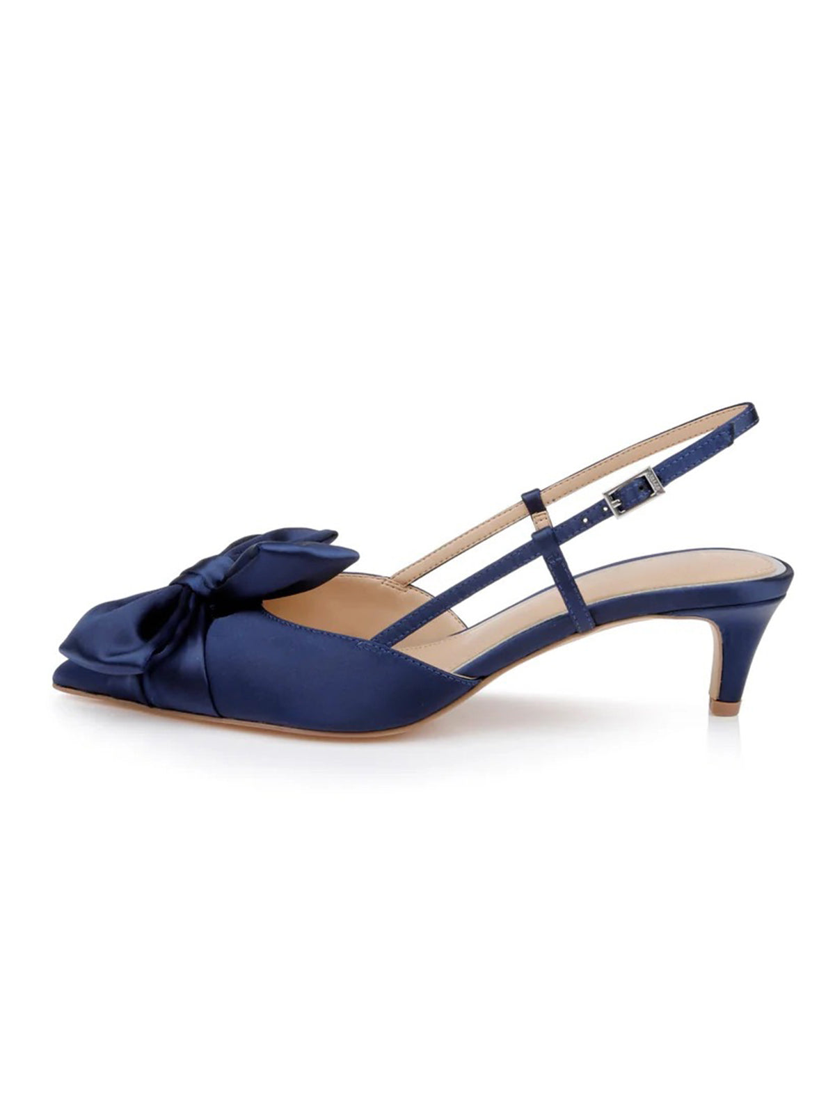 Dark Blue Satin Pointed-Toe Front Bow Slip-On Slingback Chic Kitten Heels
