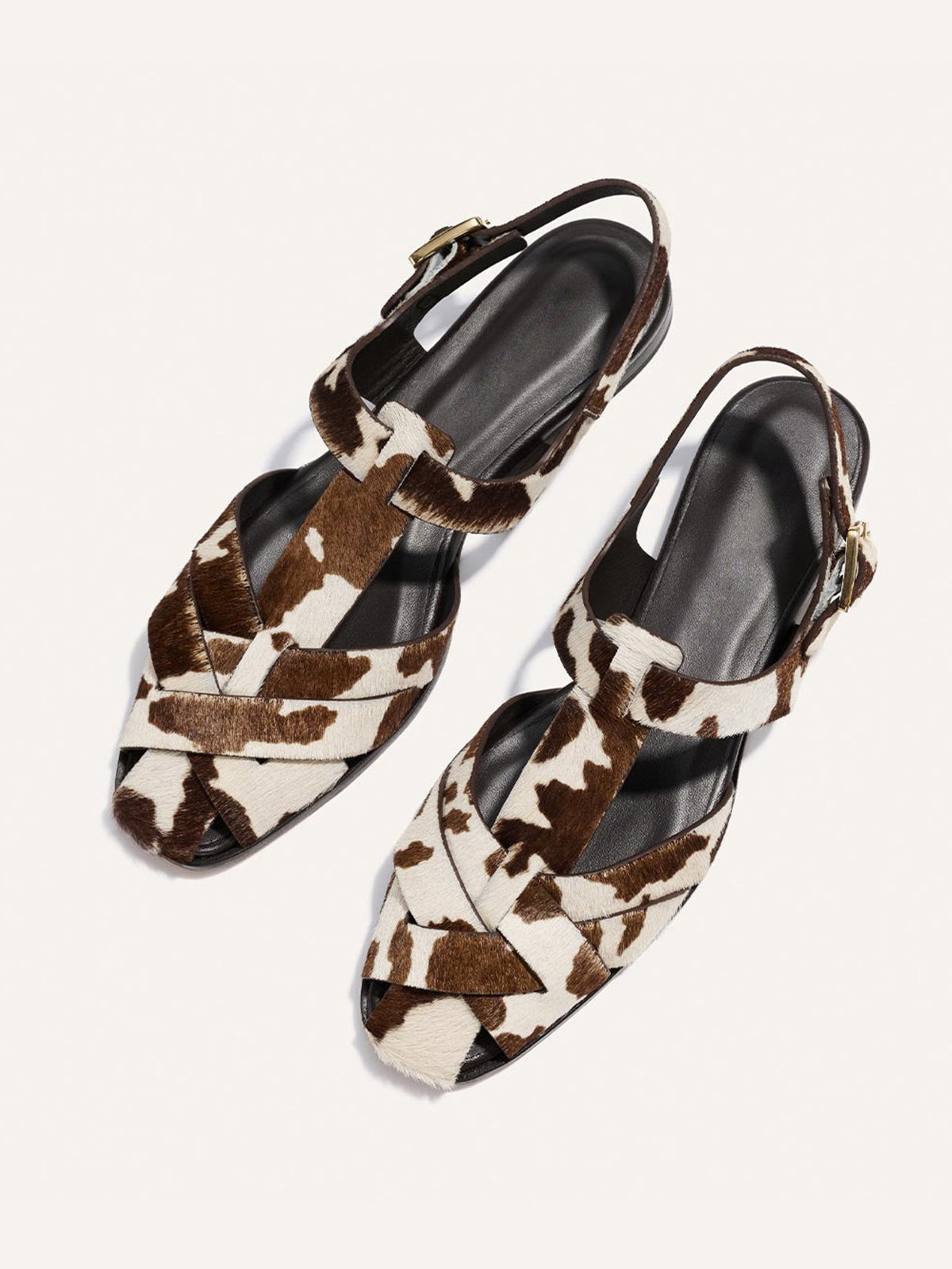 Cow Print Pony Hair Square-Toe Caged Fisherman Chic Flats