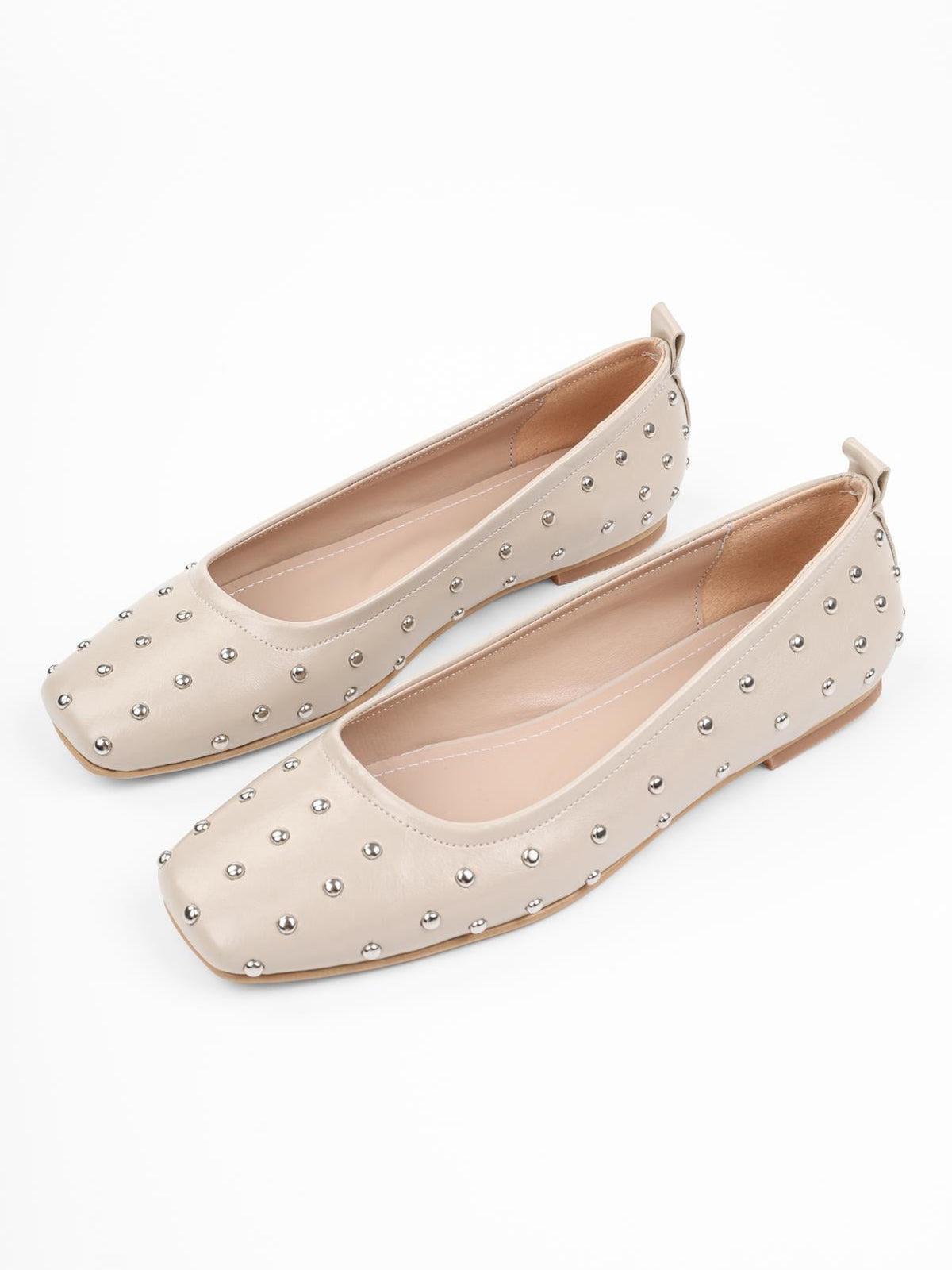 Beige Square-Toe Tiny Studs Slip-On Flats