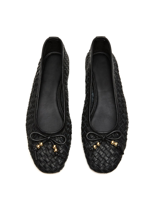 Black Vegan Leather Woven Square-Toe Front Bow Slip-On Ballet Flats
