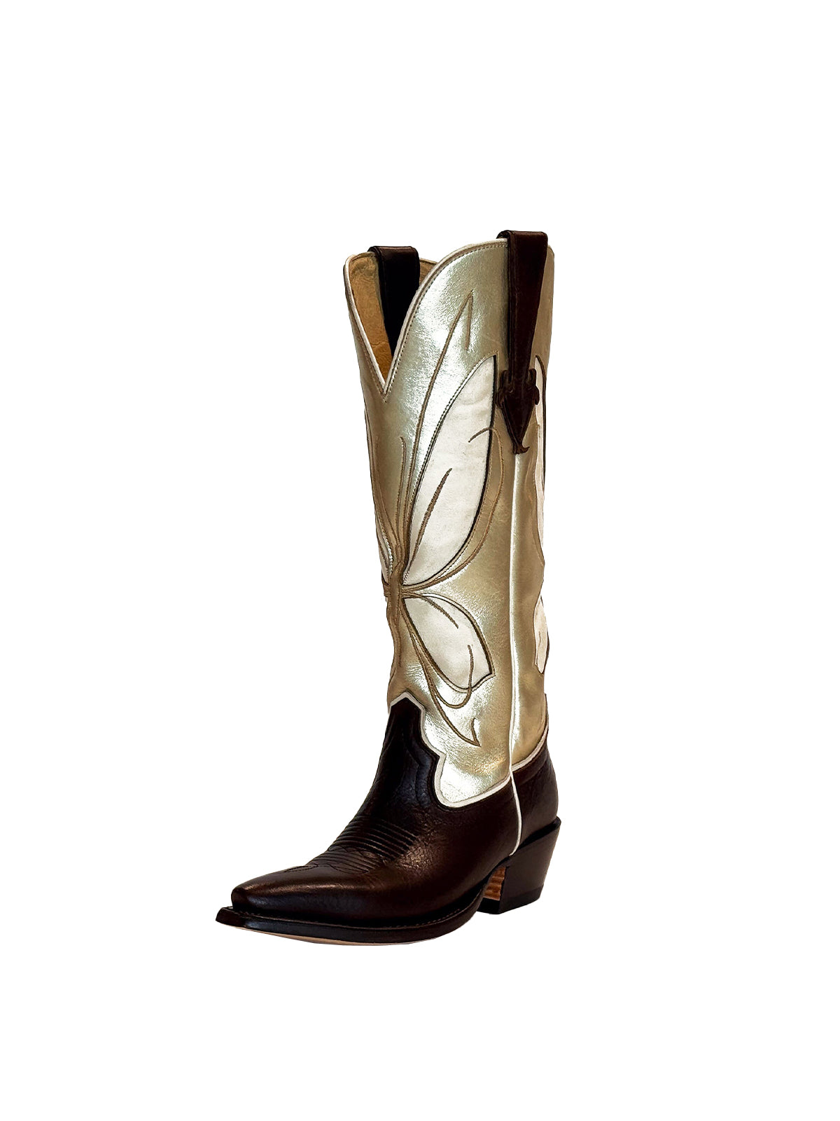 Contrast Metallic Gold And Black Snip-Toe Butterfly Inlay Wide Calf Knee High Cowgirl Boots