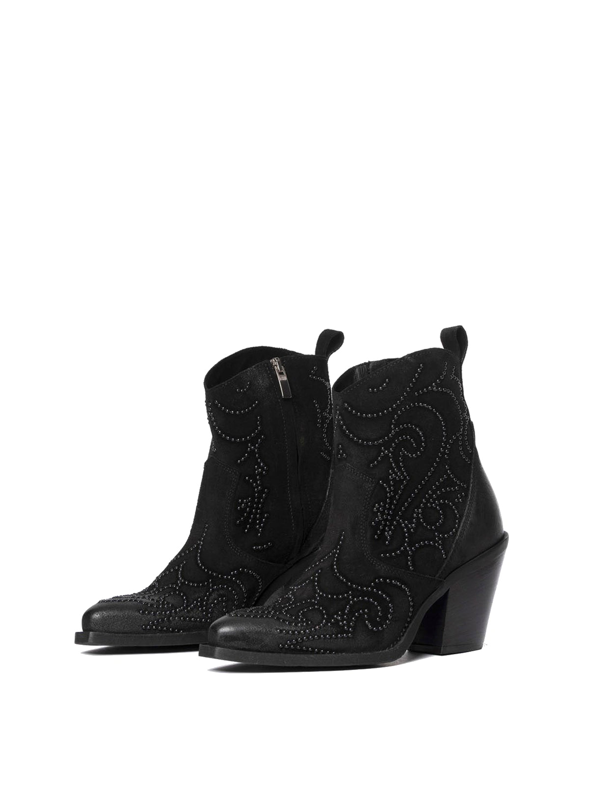 Black Faux Suede Snip-Toe Studded Full-Zip Ankle Cowgirl Boots