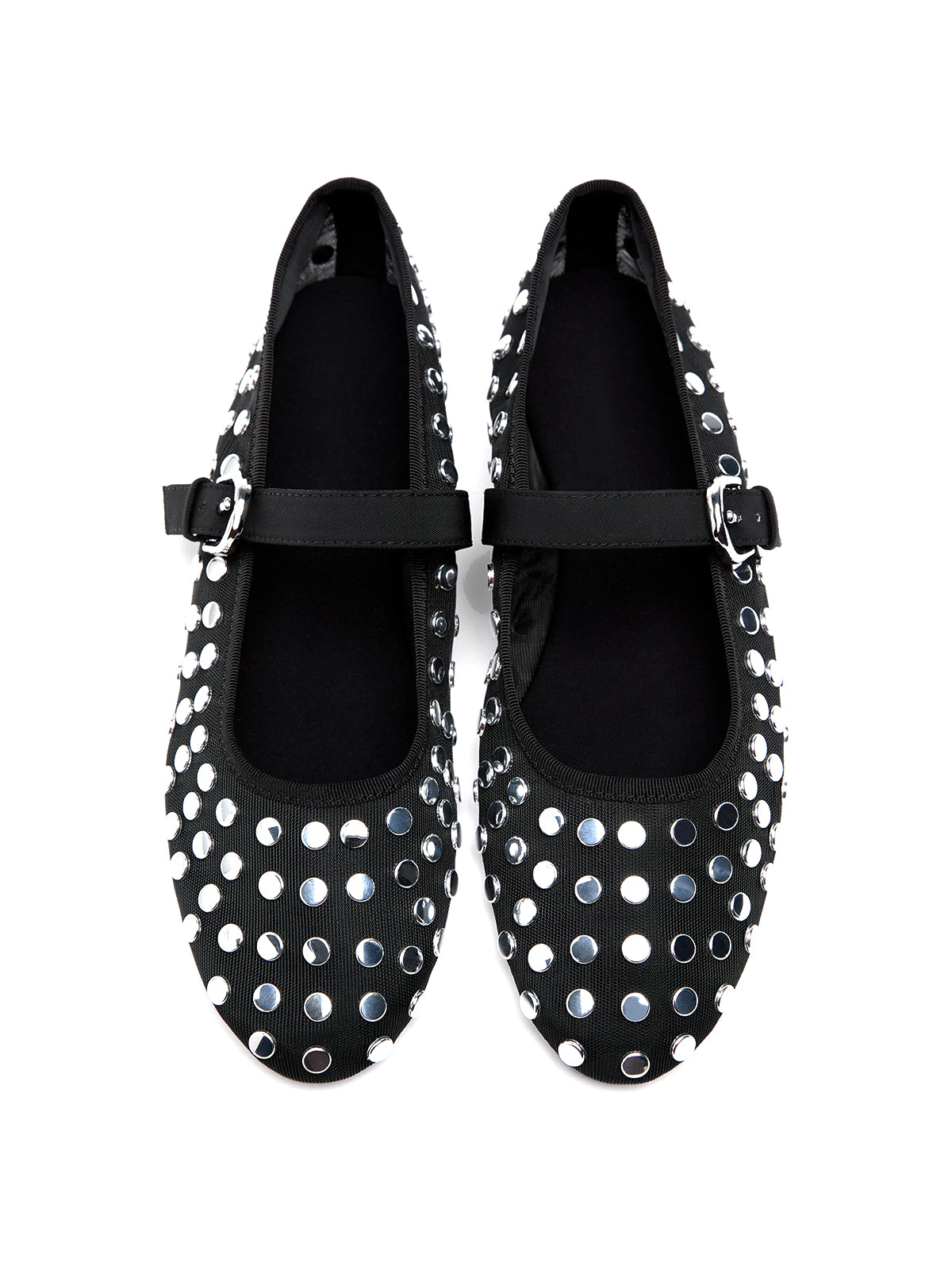 Black Mesh Round-Toe Full Studs And Buckle Mary Jane Ballet Flats