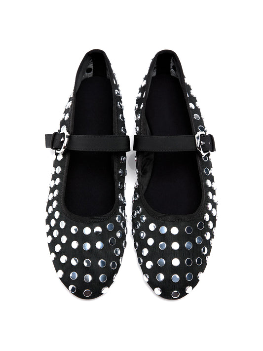 Black Mesh Round-Toe Full Studs And Buckle Mary Jane Ballet Flats