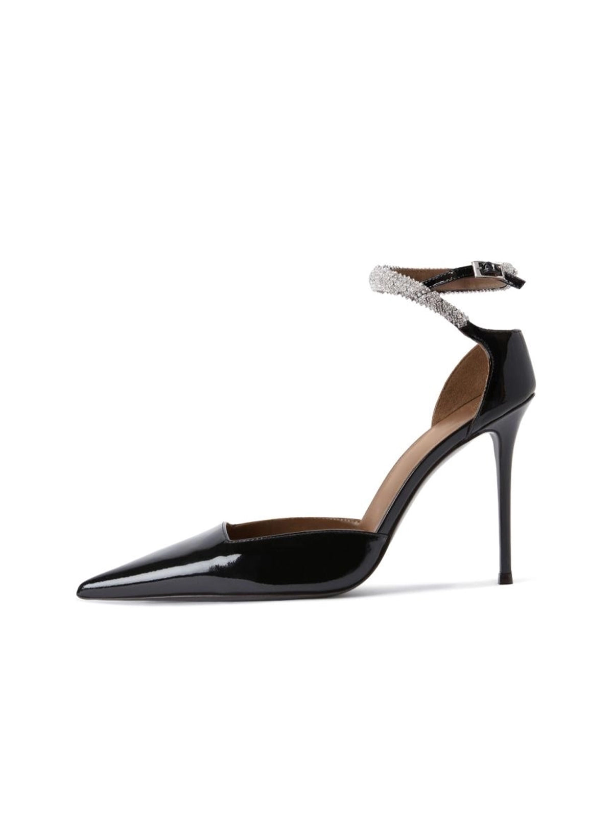 Patent Black Pointed-Toe Ankle Strap With Rhinestones High Heels Pumps