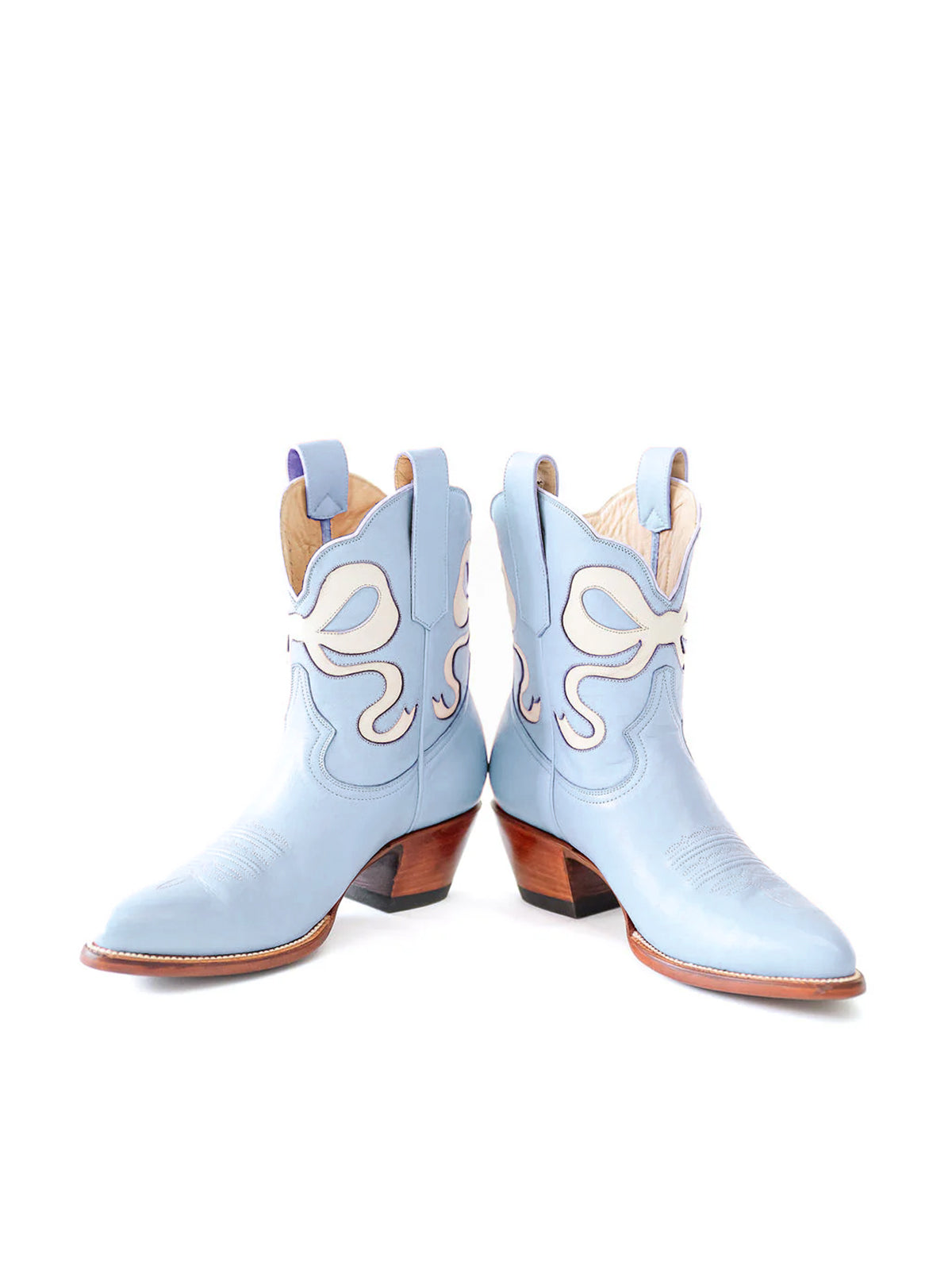 Blue Almond-Toe Ankle Western Boots With White Bowknot Inlay